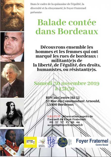 Flyer annonçant la balade contée dans Bordeaux du 30 novembre 2019 à 13h30 devant le Centre Hâ 32.
