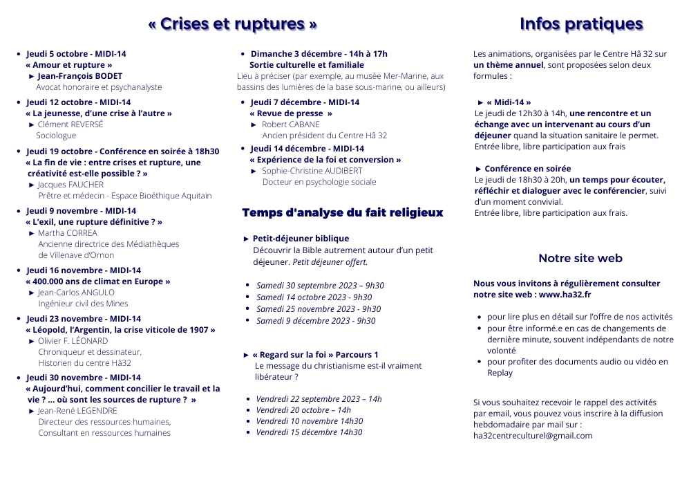 Programme provisoire du Centre culturel Hâ 32 - septembre à décembre 2023